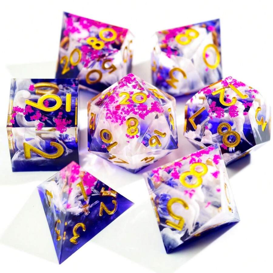7pcs Resin Dice Set With Dried Flowers, Handmade Transparent Polyhedral Dice, RPG Tabletop Game Roleplay Dice, Ideal For Halloween And Christmas Gifts - Multicolor - View 1