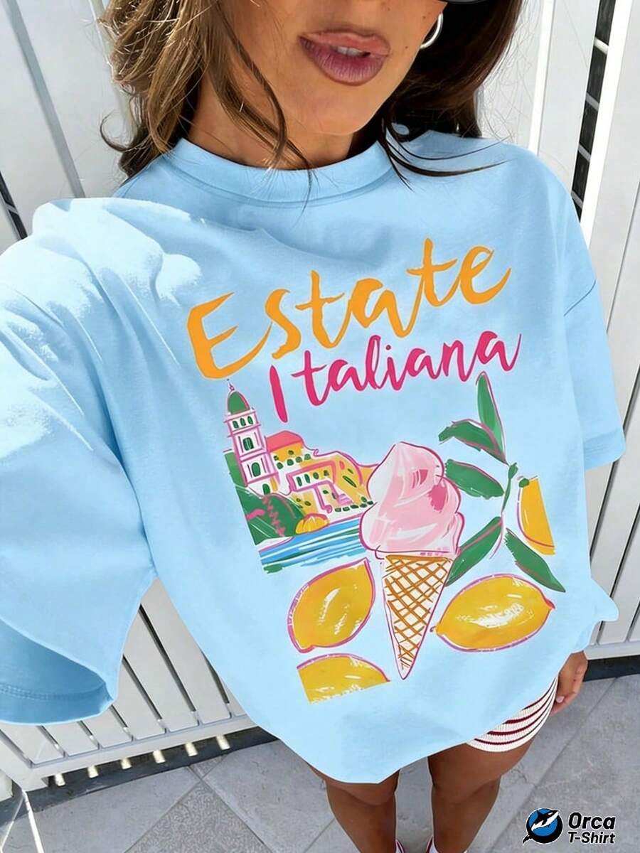 Regular Fit T-Shirt With "Estate Italiana" Print Of Italian Summer Lemon Ice Cream, 100% Cotton, 180 Grams, Orca Brand, Suitable For Casual Wear, Outdoor Activities, Sports, Holidays, Gifts And Other Occasions. - 天藍色 - 查看 1