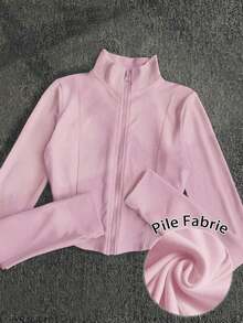 Chaqueta delgada de terciopelo negro para mujer, chaqueta de manga larga con cierre de cremallera de estilo casual y ajuste ceñido para el otoño - Rosa Pálido - Ver 8