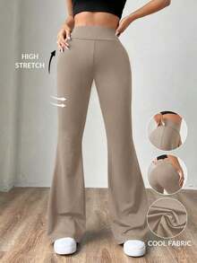 Pantalones de punto azul marino con campana para mujer - Caqui - Ver 1