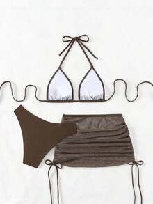Swim Mod Set de 2 piezas de traje de baño de unicolor para mujer para vacaciones de verano - Café integral - Ver 2