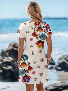 Vestido corto minimalista casual con cuello en V, adecuado para primavera/verano - Multicolor 10 - Ver 6