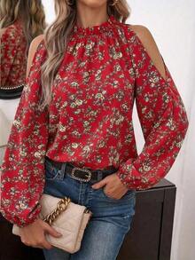 Camisa casual de hombro abierto para mujer con mangas de linterna y estampado floral pequeño, para primavera/verano - Rojo - Ver 1