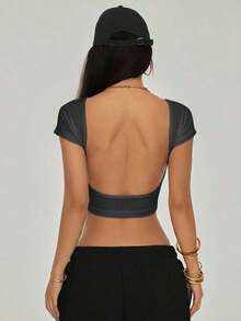 Camiseta negra con espalda abierta, adecuada para talla pequeña, para verano - Gris Oscuro - Ver 5