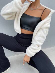 Drop Shoulder Zip Up Teddy Jacket Fall Winter Cloth For Women - Blanco - Ver 5