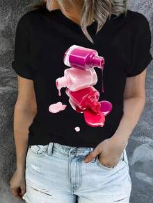 Camiseta de Mujer con Estampado de Esmalte de Uñas - Blusa de Manga Corta y Cuello Redondo con Diseños de Rayas Verticales de Esmalte (TP-1), Top Casual y Deportivo, Lavable a Máquina, Outfits de Primavera y Verano para Entusiastas de las Uñas, Uso Todo el Año 10417701 - Negro - Ver 2