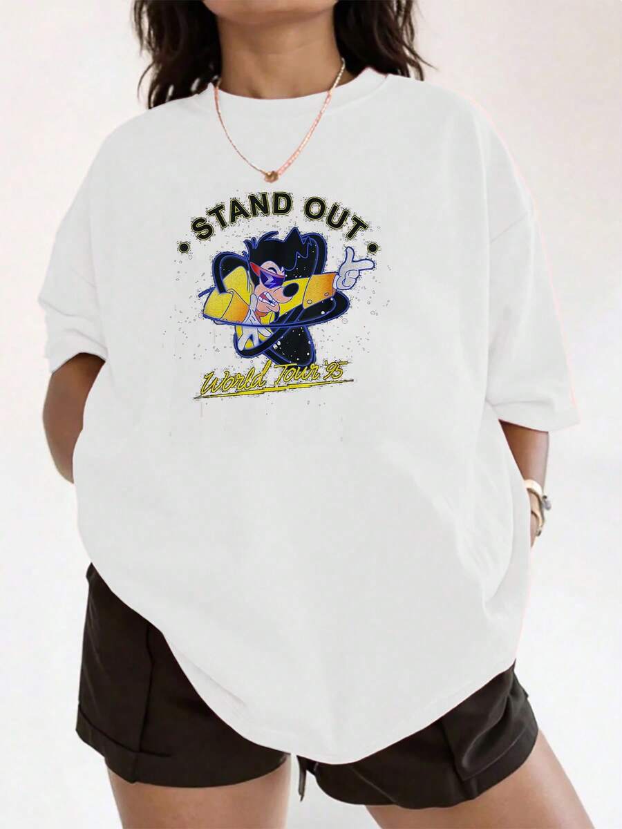 Graphic Featuring A Fun Cartoon Character Wearing Sunglasses And A Yellow Jacket Conveying Energy, Attitude, And Confidence With The Phrase "Stand Out World Tour 95" - A Comfortable, Casual Women's T-Shirt For Everyday Wear - 白色 - 查看 1