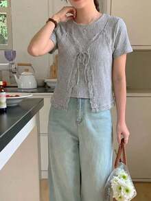 Camiseta de mujer con cuello redondo de manga corta con 2 en 1 y encaje empalmado - Gris 2 - Ver 3