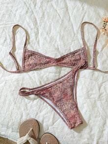 Set de 2 piezas Bikini de tirantes finos con estampado aleatorio para mujer, verano - Multicolor 6 - Ver 3