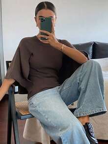 Suéter holgado de punto casual para mujer, elegante jersey para oficina, negocios, trayecto, adecuado para otoño, primavera, verano - Marrón - Ver 2