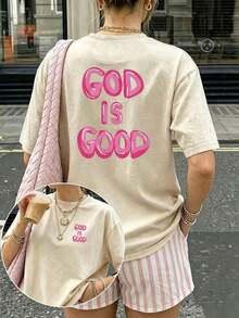 Mexican Basic Casual Short Sleeve Crew Neck T-Shirt With "God Is Good" Graphic Print, Comfortable Plus Size Crew Neck T-Shirt For Women, Spring And Summer, Black, New Launch - 杏色 - 查看 3