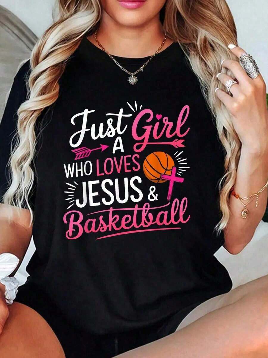 100% Cotton Women's Cotton T-Shirt, Simply A Girl Who Loves Jesus And Basketball, Christian T-Shirt For Women, Cute Blouses For Women - 黑色 - 查看 1