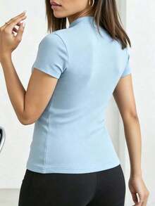 Camiseta casual de mujer de manga corta con cuello mao y unicolor, para verano - Celeste - Ver 2