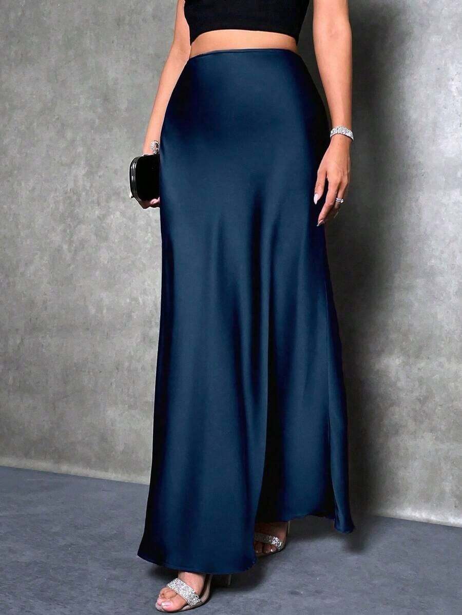 Falda de satén con dobladillo de sirena para PETITE, falda negra elegante para uso diario - Azul marino - Ver 1