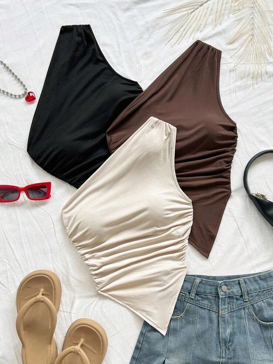 3 piezas Conjunto informal de verano de 2 piezas para mujer con parte superior de hombro asimétrico y bajo asimétrico, adecuado para volver al colegio, té de la tarde, casual, invitada a boda en la playa, brunch de graduación, Día de San Patricio, - Multicolor 10 - Ver 1