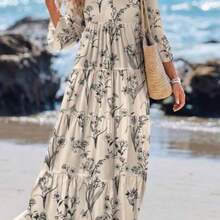 Casual Floral Pattern V-Neck Long Sleeve Pleated Dress For Women, Suitable For Autumn Blue And White Floral Dress Chic Dress,Vacation - Beis - Ver 1