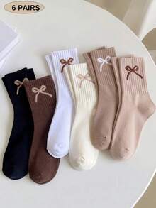 6 Pairs Girls' Bow Decor Casual Socks, Suitable For Indoor, Party, Matching, Shopping, Beach, Vacation And Other Occasions, Retro Color Tone - Multicolor - View 1