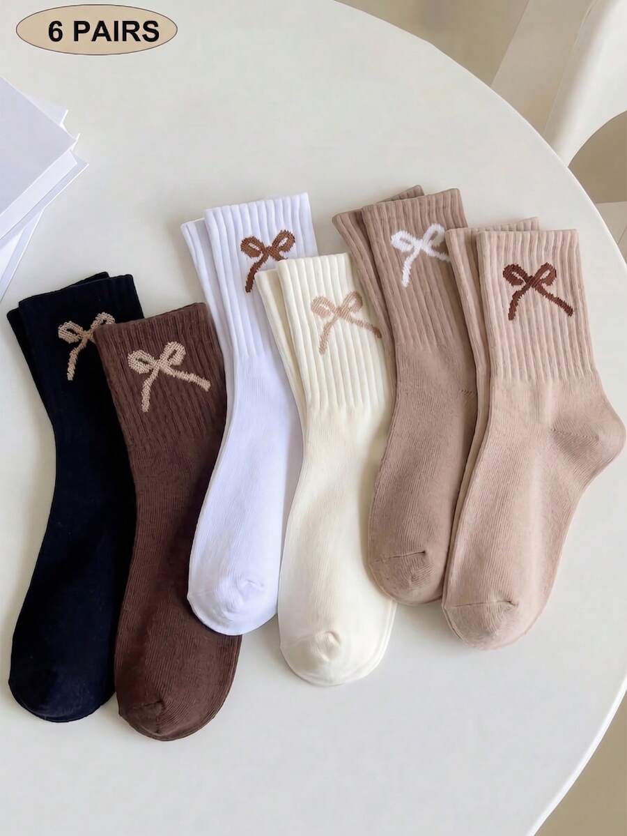 6 Pairs Girls' Bow Decor Casual Socks, Suitable For Indoor, Party, Matching, Shopping, Beach, Vacation And Other Occasions, Retro Color Tone - Multicolor - View 1