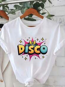 Oferta por tiempo limitado, compra limitada, flash oferta,blusas para dama casuales,poleras mujer,playeras de mujer>algodon,blusas>elegante,Camiseta Retro de Estampado Disco para Mujer - Manga Corta con Cuello Redondo, Diseño de Estrellas y Bola de Discoteca, Colores Vibrantes, Lavable aáquina, Cómoda para Verano y Primavera - Negro - Ver 1