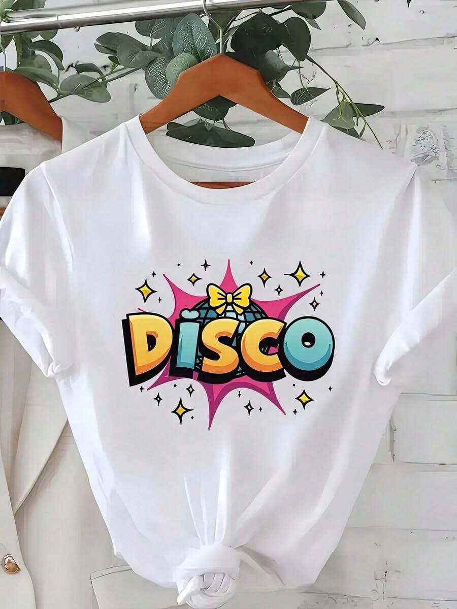 Oferta por tiempo limitado, compra limitada, flash oferta,blusas para dama casuales,poleras mujer,playeras de mujer>algodon,blusas>elegante,Camiseta Retro de Estampado Disco para Mujer - Manga Corta con Cuello Redondo, Diseño de Estrellas y Bola de Discoteca, Colores Vibrantes, Lavable aáquina, Cómoda para Verano y Primavera - Negro - Ver 1
