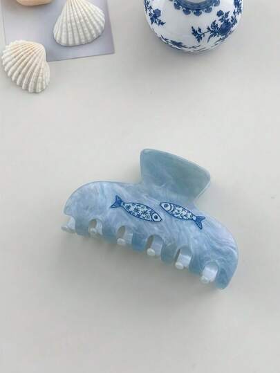 花卉/蝴蝶图案印花复古发夹，亮面醋酸纤维材质，防滑贝壳法式发饰，适合发量较多的女性和女孩，优雅发夹，冬季发饰