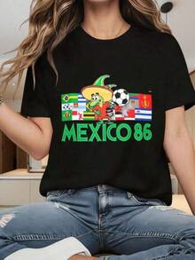 Camiseta de Mujer, Diseño de la Copa Mundial de Fútbol México 86, Estampado de Dibujos Animados, Estilo Casual, Ropa para Fiesta de Fútbol, 220g - Negro - Ver 1