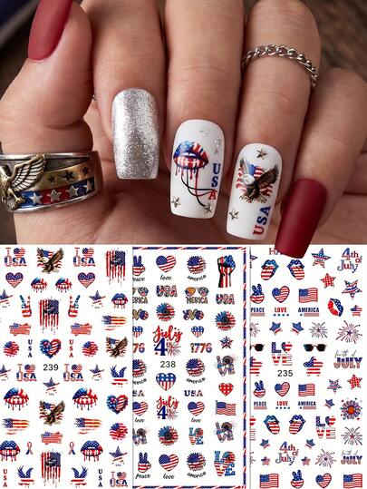 QIANJIKU 3pcs Vintage Red White Blue American Flag Stars Fireworks Nail Art Stickers - Suitable For 4th Of July, Summer Party, Music Festival, Daily Nail DIY Decor, Holiday Gift