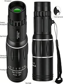 1pc 16x52 High Magnification Monocular Telescope, 66m Wide Field Of View, High Transmittance Lens, 8000m Long Distance Observation, Suitable For Travel, Hiking, Hunting, Adventure, Dual Rings Dual Adjustment Focus Design, Matte Black Non-Slip Durable Handheld Portable Outdoor Telescope - Black - View 7