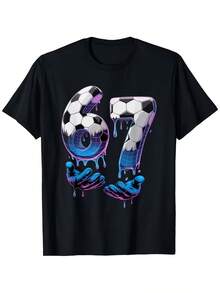 "67" Football T-Shirt For Boys And Girls, Fun Ice Cream Drip Design Six Seven Hand Pack, Spring/Summer, Comfortable And Casual Crew Neck, Breathable, Casual Style, Crew Neck, Perfect For Kids, With Print - 黑色 - 查看 1