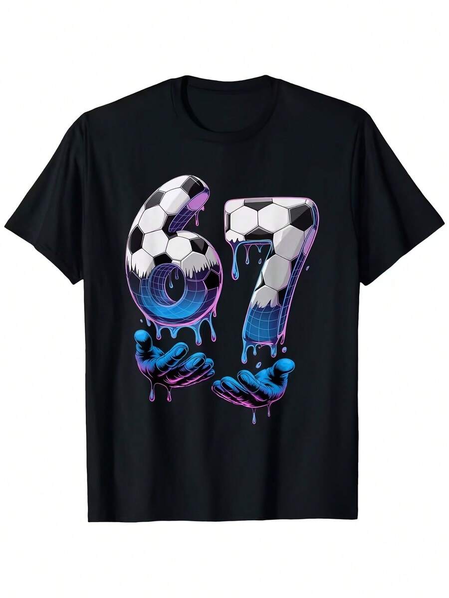 "67" Football T-Shirt For Boys And Girls, Fun Ice Cream Drip Design Six Seven Hand Pack, Spring/Summer, Comfortable And Casual Crew Neck, Breathable, Casual Style, Crew Neck, Perfect For Kids, With Print - 黑色 - 查看 1