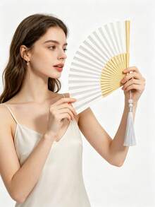 夏季手搖扇套組，白色/彩色紙扇搭配彩色流蘇吊飾，簡約手搖扇，DIY塗鴉紙扇 - 彩色 - 查看 9