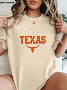 Camiseta de manga corta para mujer, de gran tamaño, negra, con estampado gráfico de Texas Longhorns, para uso diario informal. Camisetas gráficas para mujer, camiseta de algodón negra con estampado gráfico, camisetas blancas, camisetas divertidas, camisetas vintage, ropa, tops, estilo streetwear, cómoda, de cuello redondo, de algodón, 100% algodón. - Albaricoque - Ver 5