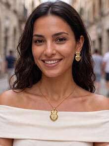 Einzigartiges, kantiges Schmuckset aus Edelstahl für Damen, Halskette und Ohrringe Set, goldene geometrische Herz- und Sternform, hypoallergen, nicht anlaufend, Strand- und Sommeraccessoire - Goldgelb - Übersicht 11