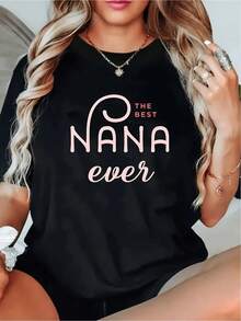2026NANA Printed T-Shirt, Stretchy Fabric, Comfortable, Short-Sleeved, Round Neck, Casual Style, Ideal For Everyday Wear In Spring And Summer. Classic NANA Print Design, Friendly Style. Black Short-Sleeved T-Shirt With Print, Loose Fit For Women. - 黑色 - 查看 7