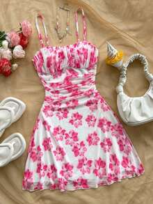 Vestido de tirantes de malla con estampado floral azul y blanco para vacaciones de verano de mujer - Rosa 2 - Ver 7