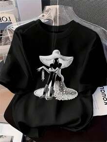 [Circle Circle] Women's Casual T-Shirt, T-Shirt With Print Of A Lady Sitting With A Pearl Hat, Elegant And Stylish, Gift, Casual Round Neck Top, Breathable, Lightweight And Comfortable, Suitable For Spring And Summer Wardrobes. - 黑色 - 查看 7