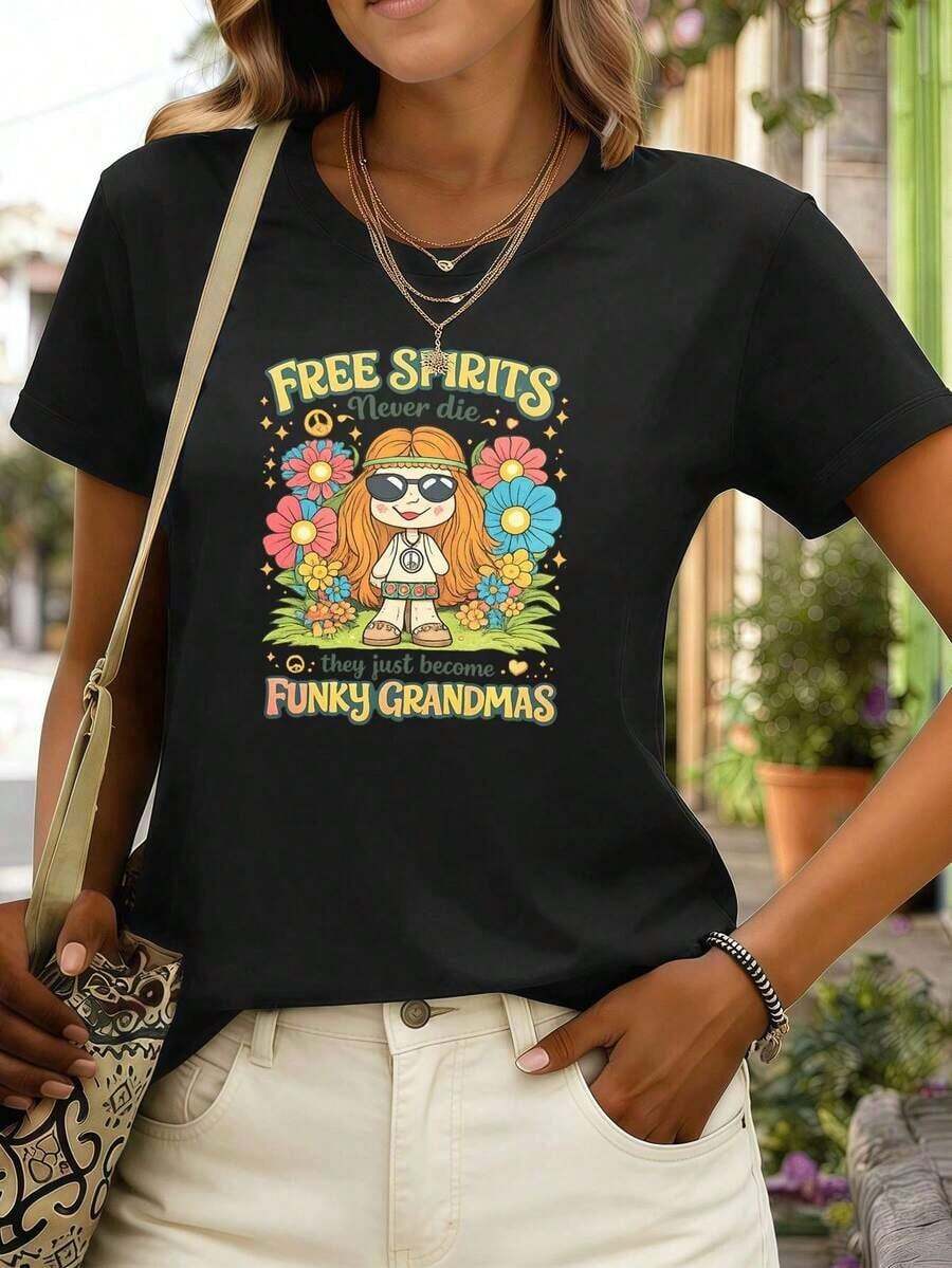 FreeSpirit FunkyGrandma Graphic T-Shirt, 100% Cotton, Loose Fit, Comfortable Fit, Casual Style, Unique Graphic Print. 100% Cotton Blouses. - 黑色 - 查看 1