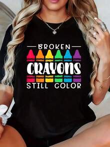 Women's 100% Cotton Crew Neck Short-Sleeve T-Shirt With A Relaxed Fit, Perfect For Everyday Summer Wear. This Women's Pure Cotton Print T-Shirt Features A "Broken Crayons Still Color" Print On Buttery-Soft Cotton – A Breathable And Versatile Top. This Loose-Fitting, Pure Cotton Crew Neck Short-Sleeve T-Shirt Is A Soft And Breathable Casual Basic. - 黑色 - 查看 1