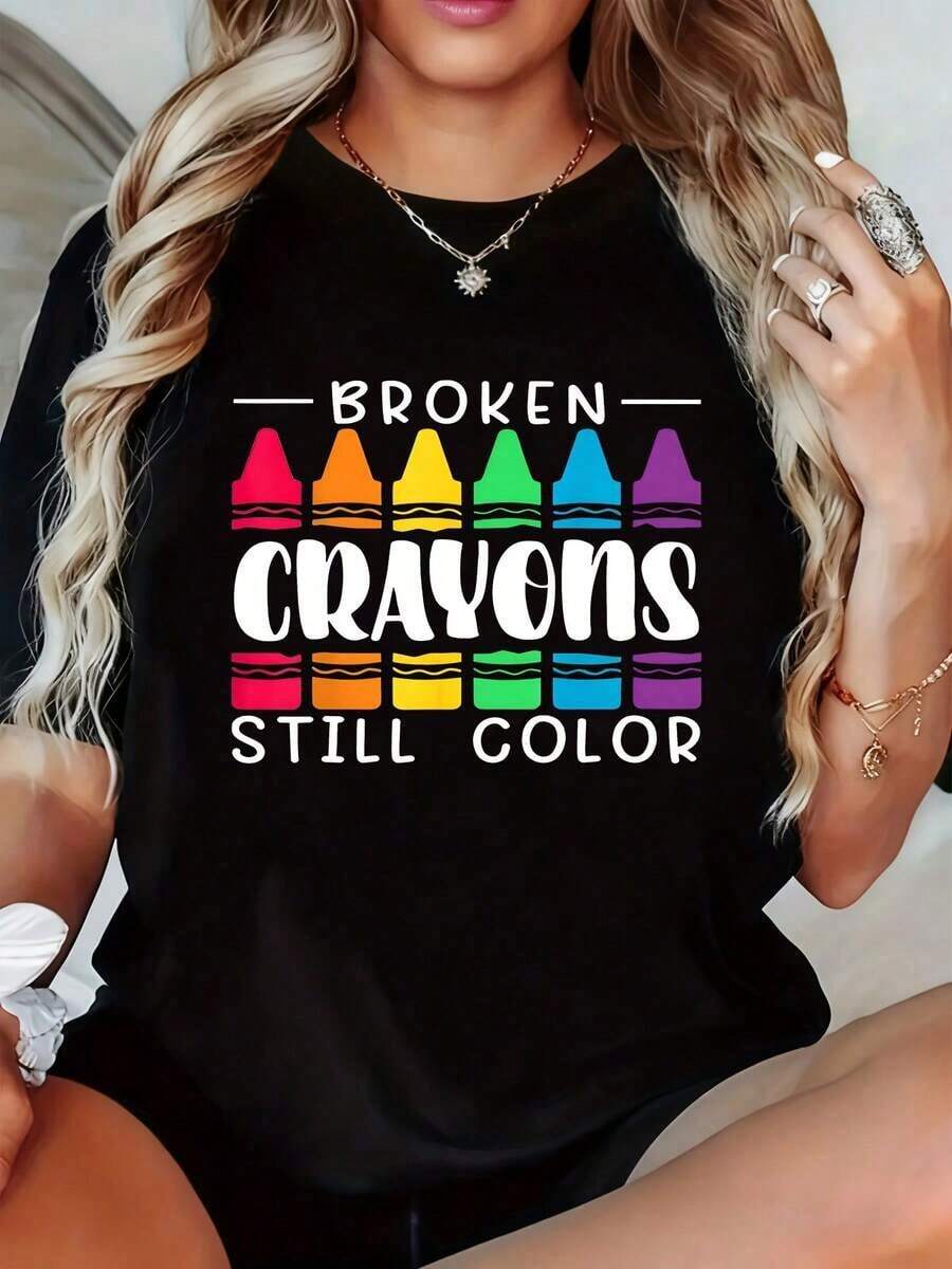 Women's 100% Cotton Crew Neck Short-Sleeve T-Shirt With A Relaxed Fit, Perfect For Everyday Summer Wear. This Women's Pure Cotton Print T-Shirt Features A "Broken Crayons Still Color" Print On Buttery-Soft Cotton – A Breathable And Versatile Top. This Loose-Fitting, Pure Cotton Crew Neck Short-Sleeve T-Shirt Is A Soft And Breathable Casual Basic. - 黑色 - 查看 1