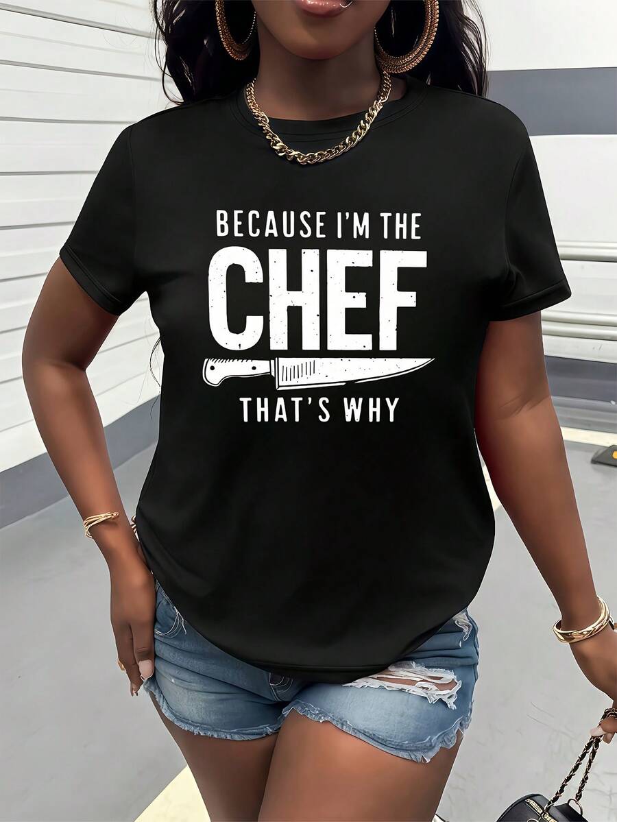 Women's T-Shirt Made Of Pure Cotton, Casual Loose Style, With Chef-Themed Print, Short Sleeves And Round Neck, Vintage Style, Personalized, Suitable For Casual Daily Wear, Parties, Outings, Birthday Gift. - 黑色 - 查看 1