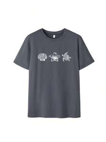 Camiseta de manga corta azul claro para mujer, estilo casual, holgada, con cuello redondo, estampado de letras, animales marinos, caparazón de tortuga y flores, ideal para uso diario y vacaciones. - Gris Oscuro - Ver 2