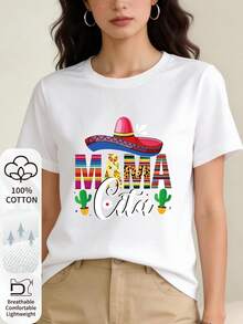 Camiseta de mujer 100% algodón, estampada con las palabras "MAMA Cita" y un diseño de sombrero y cactus de estilo mexicano. Cuello redondo, manga corta, cómoda y transpirable para el uso diario en verano. Ropa de verano para mujer. Camisetas para mujer. - Blanco - Ver 1