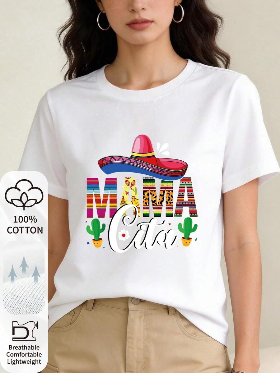 Camiseta de mujer 100% algodón, estampada con las palabras "MAMA Cita" y un diseño de sombrero y cactus de estilo mexicano. Cuello redondo, manga corta, cómoda y transpirable para el uso diario en verano. Ropa de verano para mujer. Camisetas para mujer. - Blanco - Ver 1