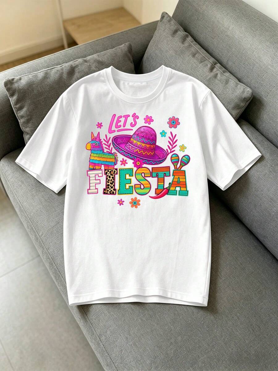 Women's "Let's Fiesta" T-Shirt - Short-Sleeved T-Shirt With A Round Neck And Mexican Carnival Print, Modern And Comfortable, Suitable For Everyday Wear. Women's T-Shirts - 白色 - 查看 1