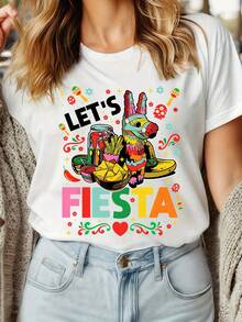 Women's Spring/Summer T-Shirt In Black And White With Mexican Prints Of Fiesta, Joy, Passion And Life, Round Neck, Short Sleeve, Modern, Ideal For Gift - 黑色 - 查看 7