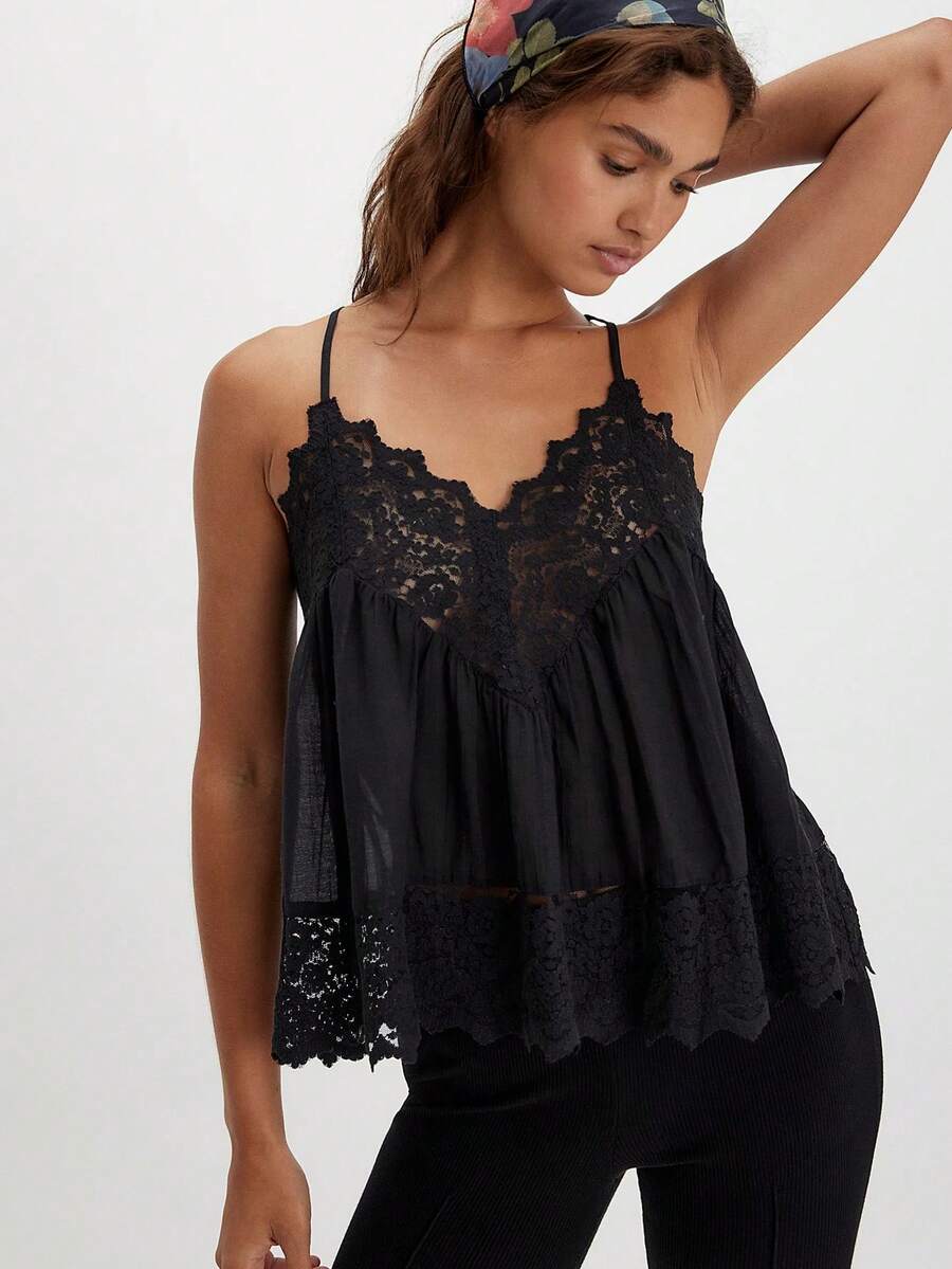 Women Camisoles Lace Spaghetti Strap Casual Tank Tops Summer Fashion Sleeveless Tops Streetwear - Negro - Ver 1