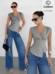 Blusa de mujer de cuello en V a rayas, versátil para uso diario, atuendos casuales de mujer, atuendos de verano de mujer, blusas casuales para mujer, blusas de mujer para el verano, blusa de cuello en V a rayas - Blanco y Negro - Ver 7