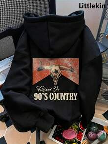 90sCountryWesternBullGraphic HoodieVintageWomenHoodieFallClothesForWomenNewFallFashionForWomenSolidColorLongSleevePocketDroppedShoulderCasualHoodieFor - 黑色 - 查看 4