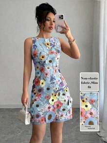 Vestido mini elegante de mujer con cuello redondo, sin mangas y con estampado floral ajustado - Azul - Ver 7