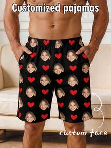 Calções de Pijama Personalizados para Homem com Impressão de Foto do Rosto e Padrão de Coração, Calções de Banho de Praia, Presente de Férias para Namorado - Multicolorido - Ver 1